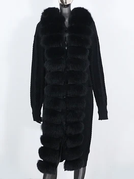 2022 Nové Reálne Kožušiny Kabát Zimná Bunda Ženy Prírodné Fox Kožušiny Golier Cashmere Vlna Zmesi Dlho Vrchné Oblečenie Pás Streetwear Módy