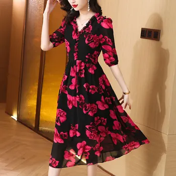 2023 Lete Nová Móda Tlačené Hodváb tvaru Šaty Elegantné Vysoký Pás A-Line Šaty kórejský Vintage Bežné Šaty Lady