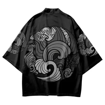 2023 Yukata Cosplay Ázijské Streetwear Čiernej Tlače Samuraj Oblečenie Haori Kimono Mužov Japonské Anime Cardigan A Šortky Nastaviť