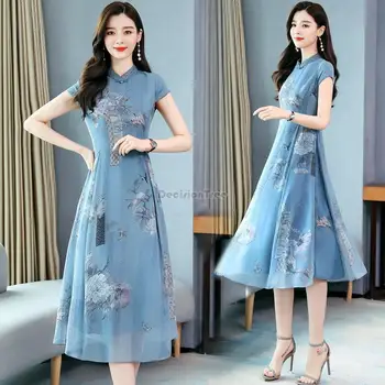 2023 nový čínsky štýl tradičných qipao šaty žien lepšiu denne šifón qipao šaty kvetinový tlač moderné cheongsam