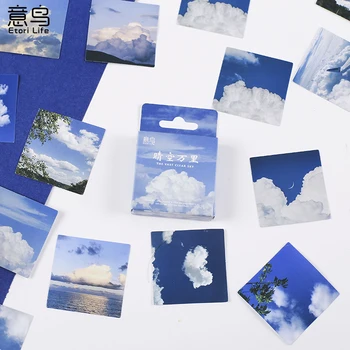 46Pieces Box Nálepky Modrá obloha, biele oblaky scenérie príručka účet Zápisník materiálov ručné DIY dekoratívne Námestie 4CM