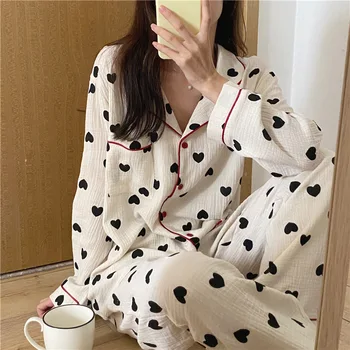 Bavlnené Pyžamo pre Ženy kórejský Sleepwear Srdca Tlače Pijama Žena Nastaviť Žena 2 Kusy Odev Jeseň Pyžamo Dlhý Rukáv