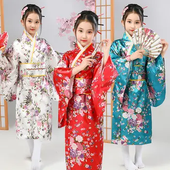 Dievčatá Novinka Národnej Japonsko Kimono Tradičné Yukata Šaty, Saténové, Hodvábne Luxusná Orientálna Vaňa Župan s Obi Výkon Deti