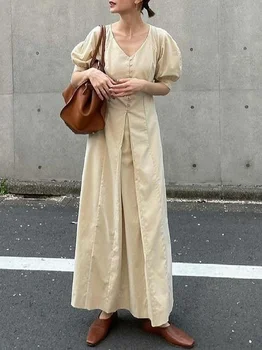 Leto V Krku Elegantné Tlačidlo Dizajn Šaty Japonský Pevné Vysoký Pás Šaty Žien Temperament Office Lady Lístkového Rukáv Župan Femme