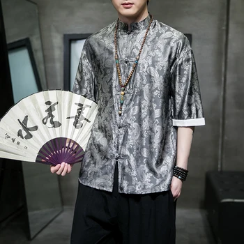 Móda Dragon Vytlačené Hodvábny Satén pánske Tričko Tang Čínsky Vintage Cheongsam Elegantné Topy Sociálne Cardigan Bunda