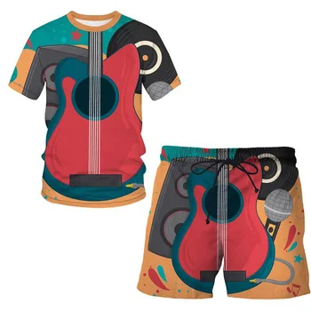 Nové Letné Módy 3D Tlač Bežné Muž T-Shirt Nastaviť Šnúrkou Šortky Sady Gitara Série Farebné Hip Hop, Street Oblečenie pre Mužov
