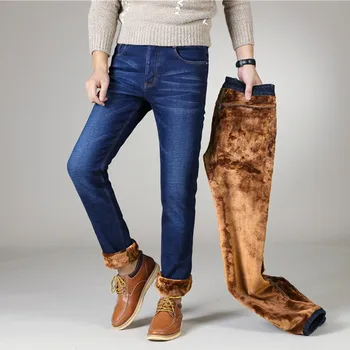 Nové Zimné pánske plus teplé fleece džínsy klasické hrubé denim stretch fit slim čierne džínsy bežné boutique business modrá pl