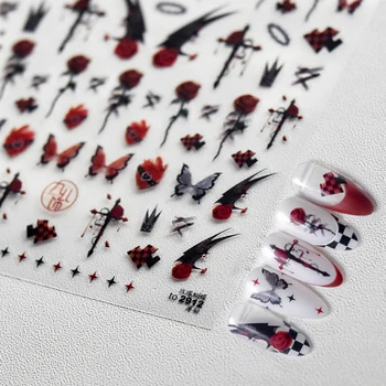 Tmavé Y2K Vintage Čierna Červené Ruže Kvet, Motýľ Tulipán 5D Mäkké Plastický Reliéf Nail Art Dekorácie-Nálepky 3D, Manikúra Odtlačkový urob si sám