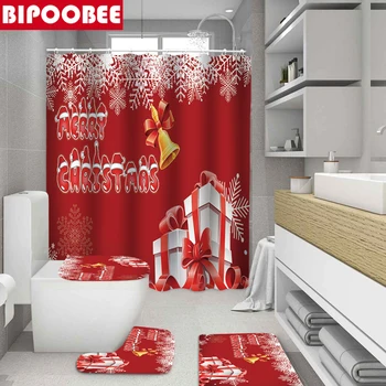 Červená Veselé Vianoce Kúpeľni Sprchový Záves Nastaviť Kúpeľa Domova Anti Slip Wc Mat Koberec Vaňou Záves s Háčikmi