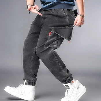 Čierna denim nohavice, džínsy, nohavice mužov veľká veľkosť XL-7XL voľné bežné značky kvalitné džínsy elastické kapely muž