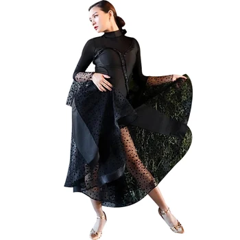 Čierne Moderné šaty dospelých žien nový spoločenský tanec praxi šaty Vysoká Krku Dlhé Štandardné Valčík Tanečné Šaty